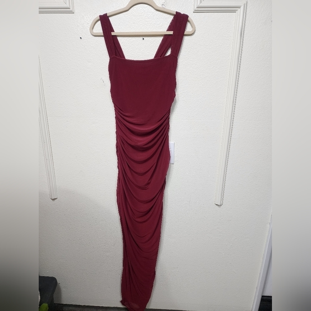 Lulus Amazing Presence Burgundy Mesh Ruched Column Maxi Dress S Wedding Party - Picture 7 of 10